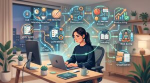 Betanden concept illustration showing a person working on a laptop with visual icons representing habits, routines, productivity, focus, and digital organization.